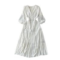 Mixed Fabric Waist-controlled One-piece Dress mid-long style & slimming embroidered Solid white PC