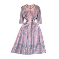 Mixed Fabric Waist-controlled One-piece Dress large hem design & mid-long style & slimming embroidered floral pink PC