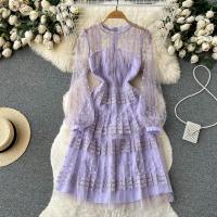 Mixed Fabric Waist-controlled & Pleated One-piece Dress see through look & slimming embroidered shivering purple PC