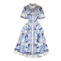 Mixed Fabric Waist-controlled One-piece Dress large hem design & slimming printed floral blue PC