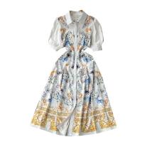 Mixed Fabric Waist-controlled One-piece Dress large hem design & slimming printed mixed colors PC