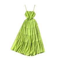 Mixed Fabric Waist-controlled & Pleated One-piece Dress slimming & hollow Solid green PC