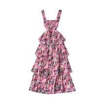Mixed Fabric Waist-controlled & Layered One-piece Dress flexible & slimming pink PC