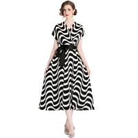 Polyester Waist-controlled One-piece Dress large hem design & slimming striped white and black PC