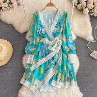 Polyester Waist-controlled One-piece Dress slimming & deep V printed floral PC