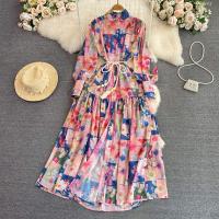 Polyester Waist-controlled One-piece Dress large hem design & slimming printed floral mixed colors PC