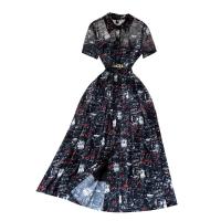 Mixed Fabric Waist-controlled One-piece Dress large hem design & slimming printed black PC
