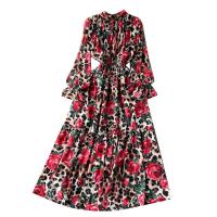 Mixed Fabric Waist-controlled & stringy selvedge One-piece Dress large hem design & slimming printed floral mixed colors PC