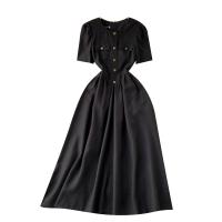 Mixed Fabric Waist-controlled One-piece Dress large hem design & slimming Solid black PC