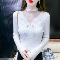 Knitted Slim Women Long Sleeve Blouses embroidered Plant PC