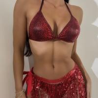 Lentejuela & Poliéster Bikini, impreso, patrón de piel de serpiente, vino rojo,  Conjunto