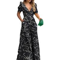 Polyester High Waist Long Jumpsuit deep V & loose printed PC