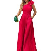 Polyester High Waist Long Jumpsuit & loose & with pocket & One Shoulder Solid fuchsia PC