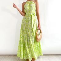 Polyester High Waist One-piece Dress & off shoulder printed green PC
