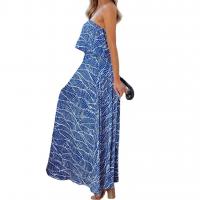 Polyester High Waist Tube Top Dress large hem design & side slit & backless printed blue PC