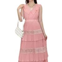 Polyester Waist-controlled & long style One-piece Dress see through look & double layer patchwork Solid PC
