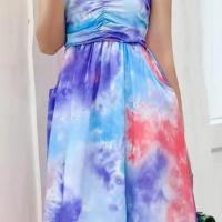 Chiffon Waist-controlled One-piece Dress & breathable & wrapped chest Tie-dye PC
