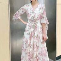 Chiffon Slim & long style One-piece Dress & loose & breathable printed shivering PC