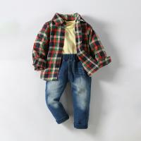 Cotton Slim Boy Clothing Set & two piece Cotton Pants & top & coat patchwork plaid multi-colored Set