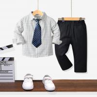 Cotton Slim Boy Clothing Set & two piece suspender pant & top patchwork plaid gray Set