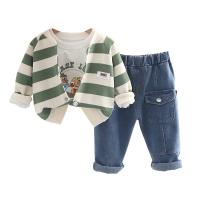 Cotton Slim Boy Clothing Set & three piece Pants & top & coat patchwork striped Set