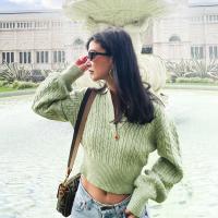 Polyester Women Sweater midriff-baring & loose knitted Solid green PC