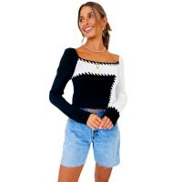 Polyester Slim Women Sweater midriff-baring knitted patchwork two different colored PC
