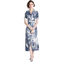 Polyester Waist-controlled One-piece Dress mid-long style & slimming printed leaf pattern blue PC