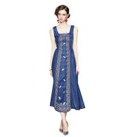 Polyester Waist-controlled & long style Jeans Dress slimming embroidered wave pattern blue PC