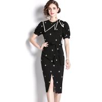 Polyester Waist-controlled Sexy Package Hip Dresses mid-long style & slimming embroidered floral black PC