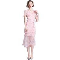 Polyester Waist-controlled Sexy Package Hip Dresses mid-long style & slimming printed floral pink PC