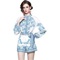 Polyester Waist-controlled & Soft Women Casual Set slimming & two piece short pants & top printed floral blue Set