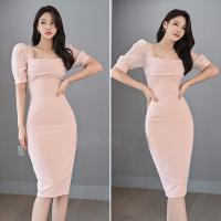 Gauze Slim Sexy Package Hip Dresses mid-long style patchwork Solid pink PC