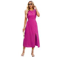 Cotton Waist-controlled One-piece Dress mid-long style & slimming & side slit Solid PC