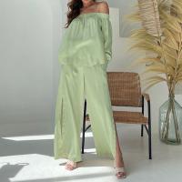 Polyester Women Casual Set & two piece Long Trousers & long sleeve blouses patchwork Solid green Set