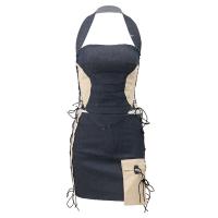 Polyamide & Cotton Slim Two-Piece Dress Set & hollow patchwork Navy Blue Set
