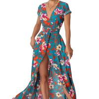 Polyester Waist-controlled One-piece Dress deep V & side slit printed floral PC