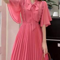 Chiffon Waist-controlled & long style & Pleated One-piece Dress patchwork Solid PC