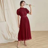 Chiffon Waist-controlled & long style & Pleated One-piece Dress Solid PC