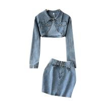 Denim Waist-controlled & Crop Top Lady Sexy Suit & two piece & breathable striped blue PC