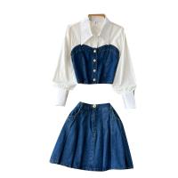 Mixed Fabric Waist-controlled Women Casual Set slimming & two piece & breathable patchwork Solid blue PC