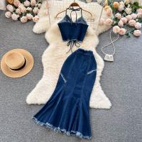 Mixed Fabric Lady Sexy Suit slimming & side slit & two piece & breathable Solid blue PC