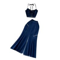 Mixed Fabric Waist-controlled Women Casual Set slimming & side slit & two piece & breathable Solid blue PC