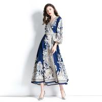 Gauze Waist-controlled & long style One-piece Dress slimming & deep V & breathable printed floral deep blue PC
