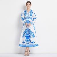 Gauze Waist-controlled & long style One-piece Dress slimming & breathable printed floral deep blue PC
