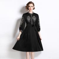 Gauze Waist-controlled & Slim One-piece Dress slimming embroidered Solid black PC