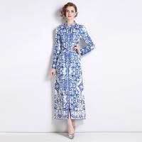 Polyester Waist-controlled & Slim & long style One-piece Dress slimming printed floral blue PC