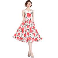 Polyester Waist-controlled & Slim & long style One-piece Dress slimming printed floral red PC