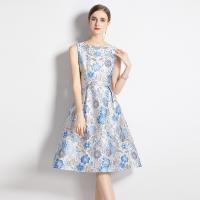 Gauze Waist-controlled & Slim One-piece Dress slimming printed floral blue PC