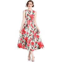 Gauze Waist-controlled & Slim One-piece Dress slimming printed floral red PC
